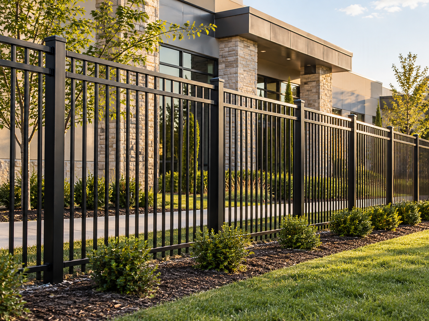 Black ornamental metal fence beside a modern building